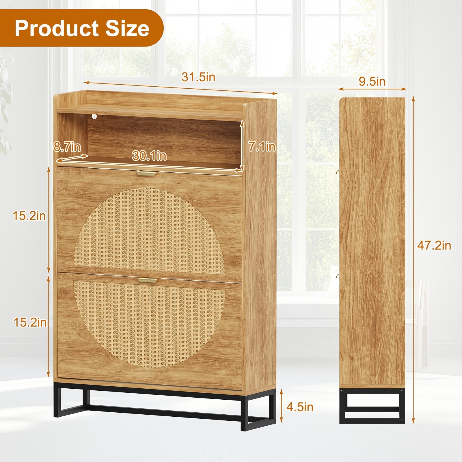Rattan Shoe Storage Cabinet with 2 Flip Drawers | Freestanding, Sensor Light, Hidden Golden Handles, Narrow, Entryway, Metal Legs, Rustic Oak Style - LSHUIZHU